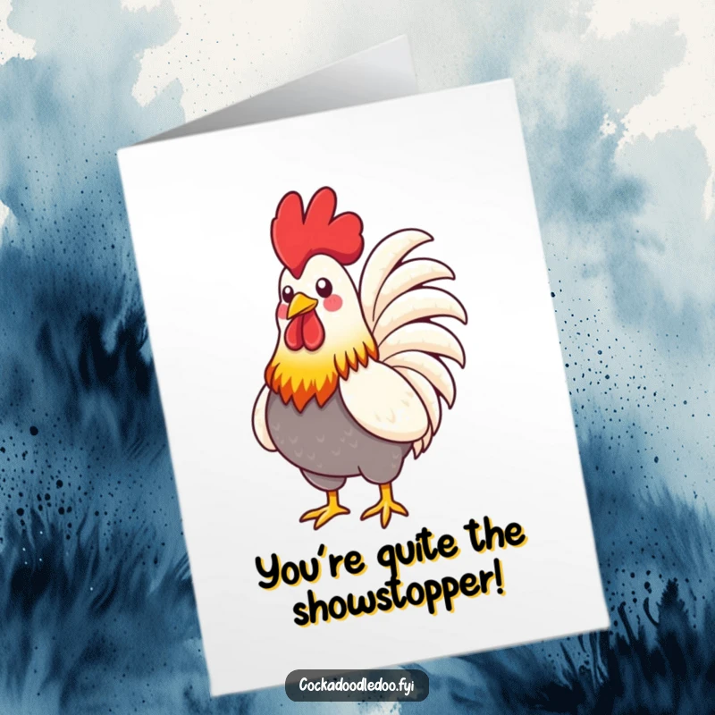 Funny Free Printable Congratulations Card: Stylized rooster with vibrant feathers proudly puffing its chest, symbolizing a grand success.
