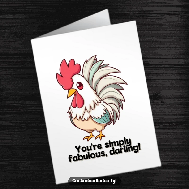 Funny Free Printable Congratulations Card: A rooster draped in a feathered boa looks amused and glamorous, celebrating a win. Chic downloadable art.