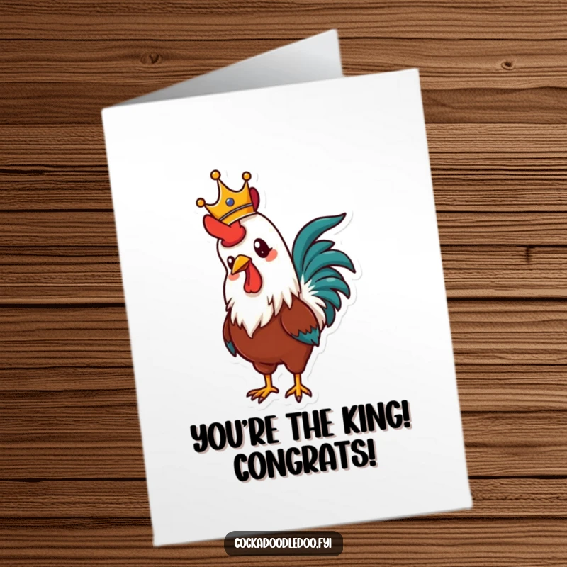 Funny Free Printable Congratulations card: A majestic rooster wears a crown, proudly crowing. Downloadable celebration art.