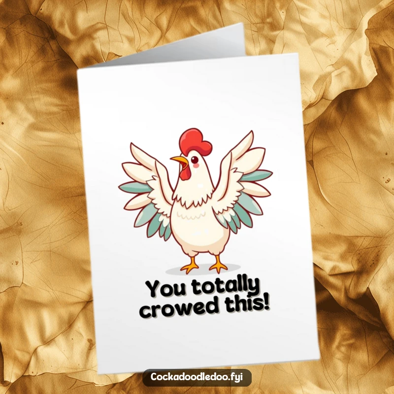 Funny Free Printable Congrats Card: Kawaii rooster spreading wings wide, announcing success with a triumphant morning call.