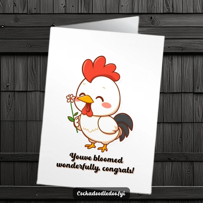 Funny Free Printable Congratulations Card: Kawaii rooster proudly holding a flower, beaming with pride.
