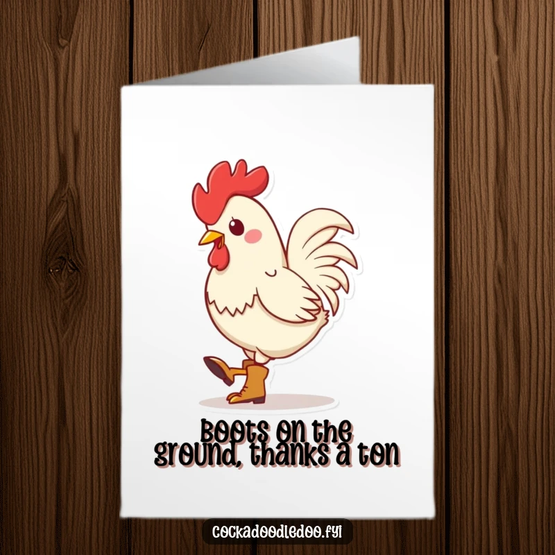Funny Free Printable Thank You Card: Kawaii rooster in tiny boots taps its foot rhythmically, expressing thanks with downloadable style.
