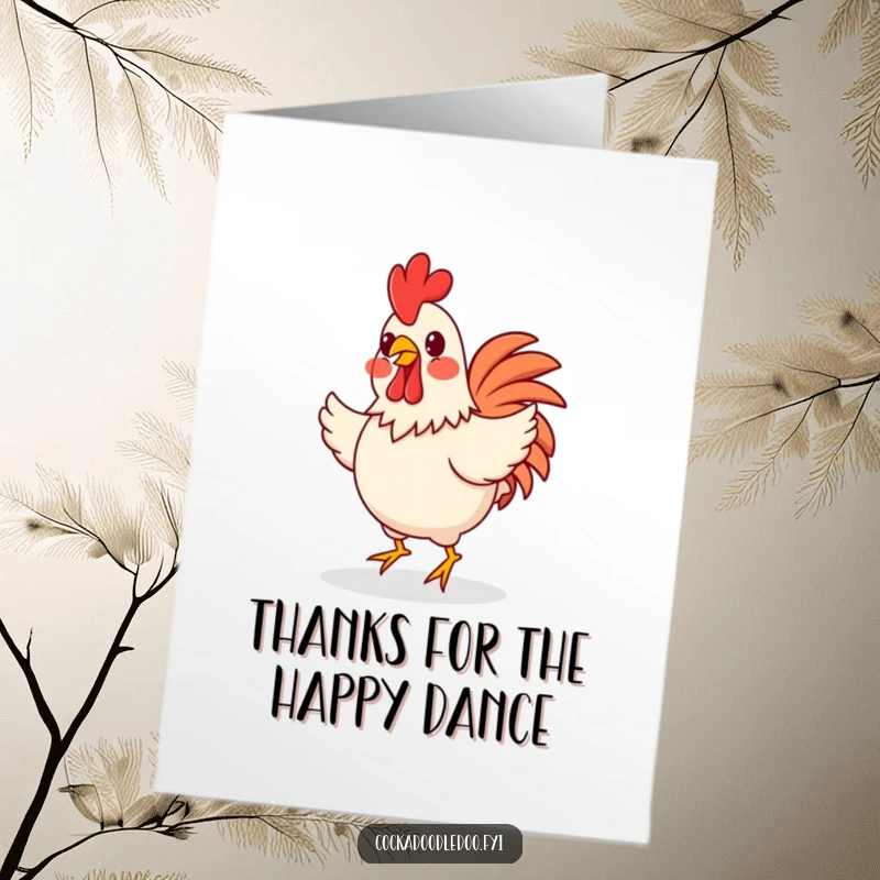 Funny Free Printable Thank You Card: A happy rooster with rosy cheeks does a cheerful, funny jig, expressing thanks with delight.