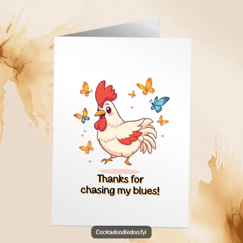 Funny Free Printable thank you card: a happy Kawaii rooster with a wide grin chases butterflies.