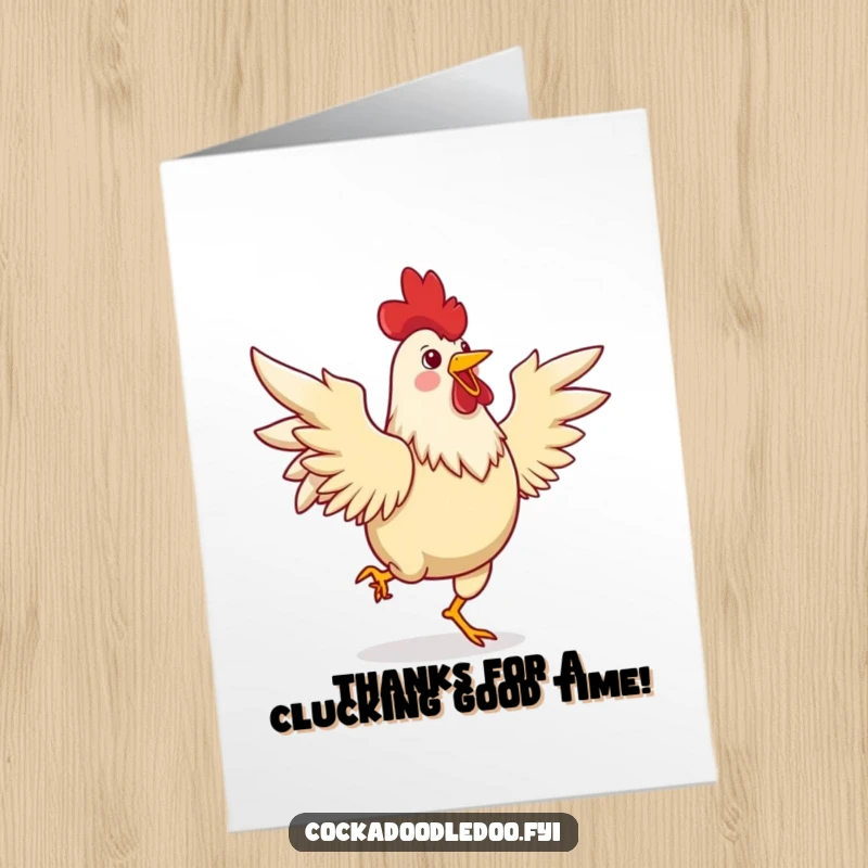 Funny Free Printable Thank You Card: A joyful rooster dancing a lively jig with wings spread, ideal for a DIY downloadable gift.