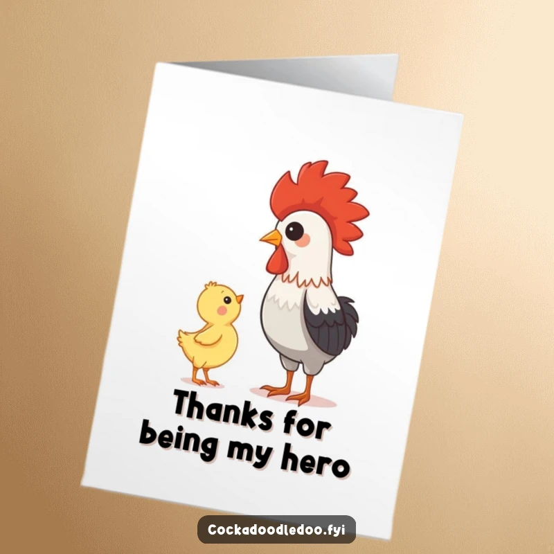 Funny Free Printable Thank You Card: A baby chick looks up in awe at a proud rooster, a sweet way to show gratitude.