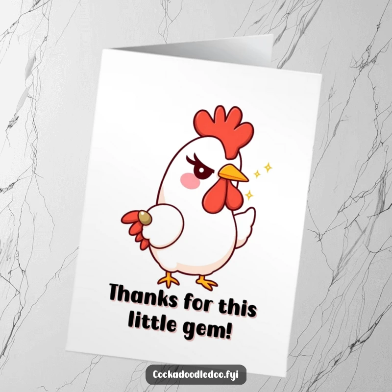 Funny Free Printable Thank You Card: A rooster winks slyly, offering a tiny sparkling seed as a token of sincere appreciation.
