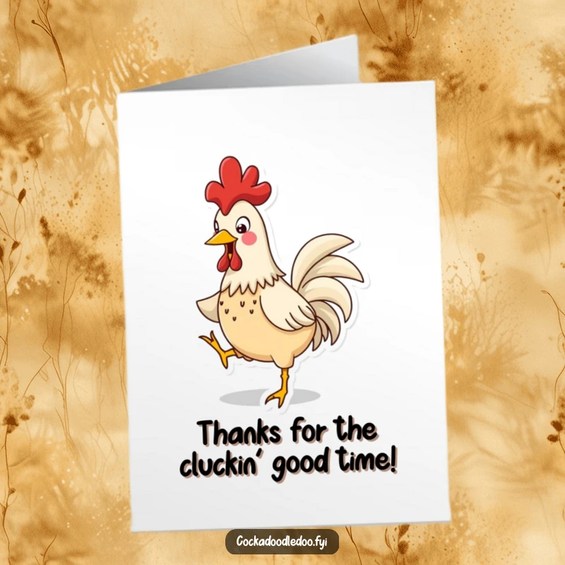 Funny Free Printable Thank You Card: Comical Rooster Doing a Happy Jig, Acknowledging Kindness
