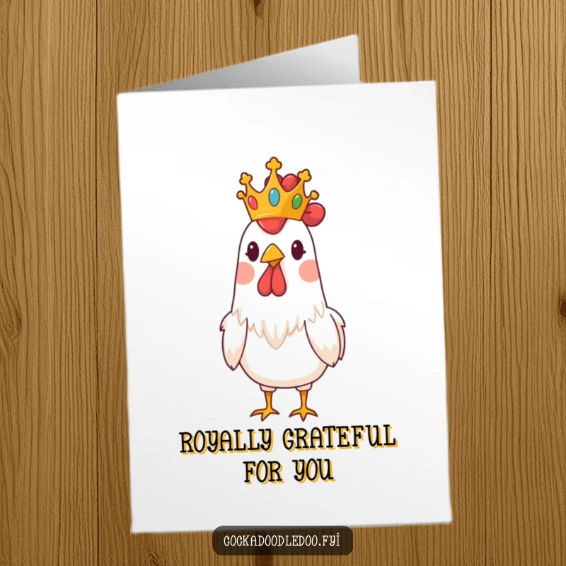 Funny Free Printable Thank You Card: A rooster wearing a small, regal crown, looking down his beak with a funny, dignified air.
