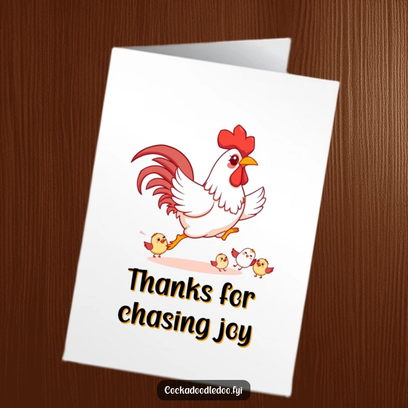 Funny Free Printable Thank You Card: Playful rooster happily chasing smaller cartoon birds, a scene of lighthearted joy.