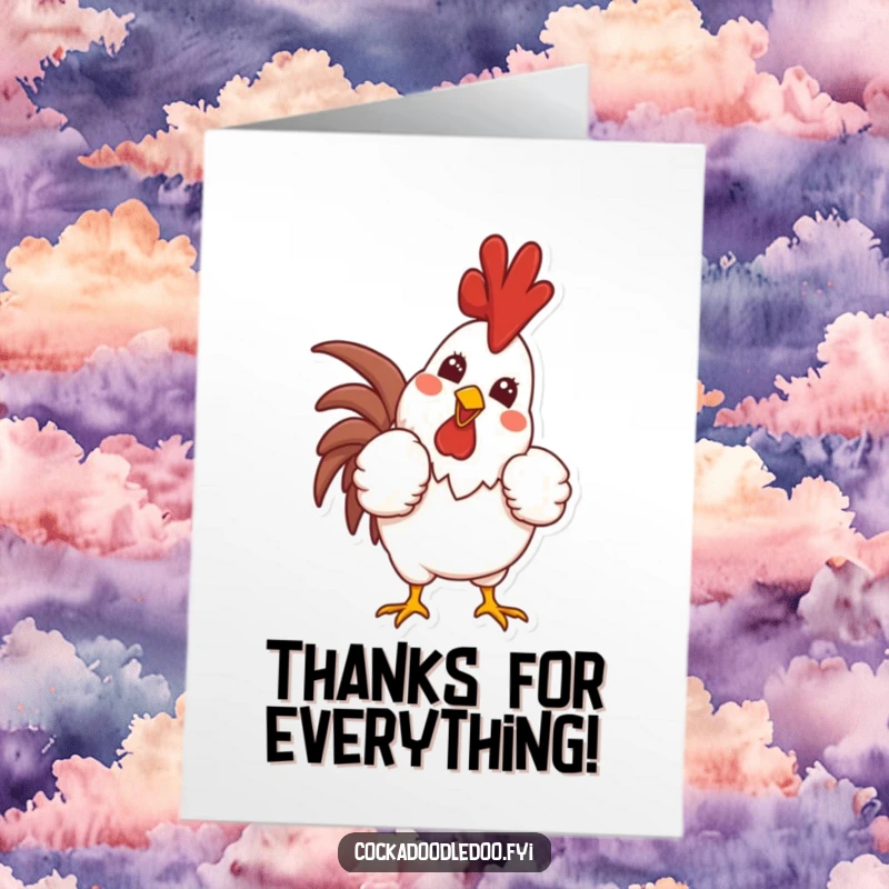 Funny Free Printable Thank You Card: Proud rooster puffs chest, crowing with a wide smile, expressing thanks.