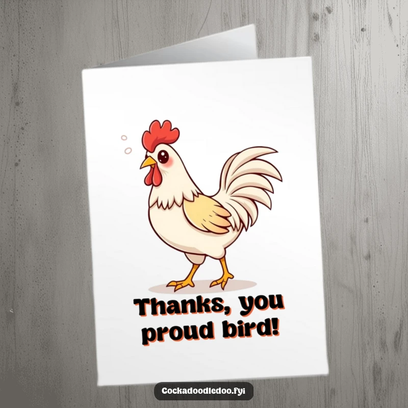 Funny Free Printable Thank You Card: A proud kawaii rooster strutting, happy puffs of air from its beak in thanks.