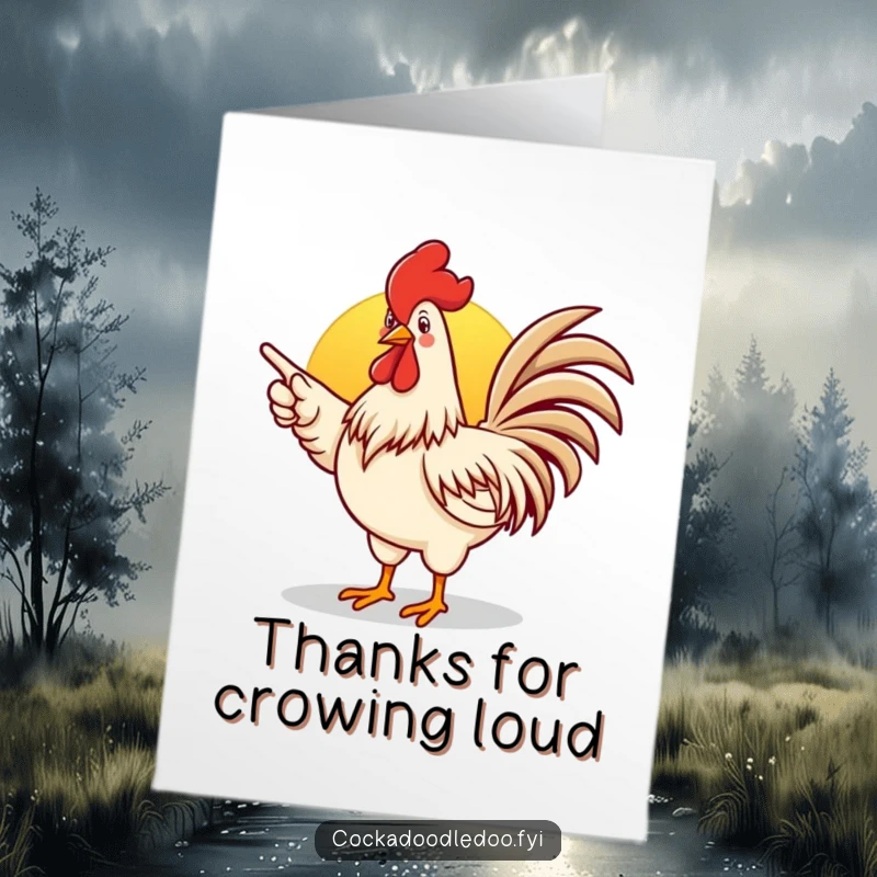 Funny Free Printable Thank You Card featuring an enthusiastic rooster pointing towards the sunrise, expressing heartfelt thanks.