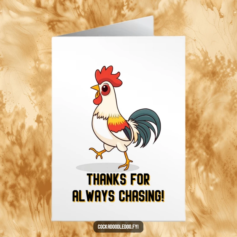 Funny Free Printable Thank You Card: A rooster playfully chasing its shadow, a humorous way to express thanks. Downloadable art.