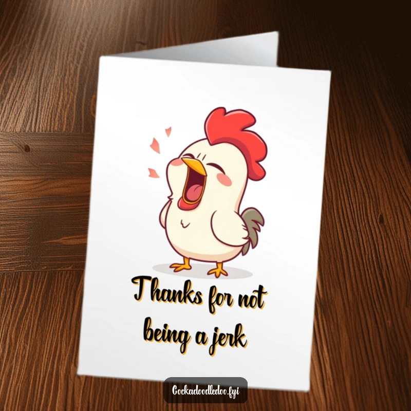 Funny Free Printable Thank You Card: A rooster yawning widely, eyes barely open, showing a comical level of tiredness and appreciation.