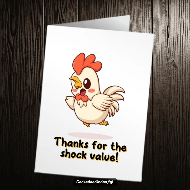 Funny Free Printable Thank You Card: Startled Kawaii rooster mid-hop backwards, eyes wide in surprise.
