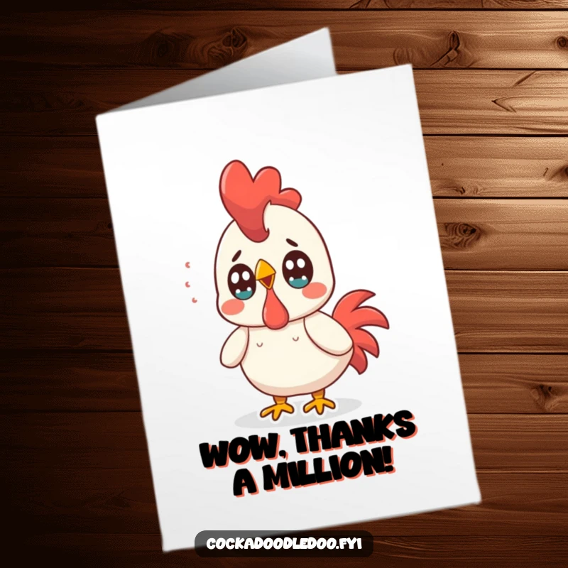 Funny Free Printable Thank You Card: Surprised Kawaii rooster with eyes wide open, reacting with surprise and thanks.