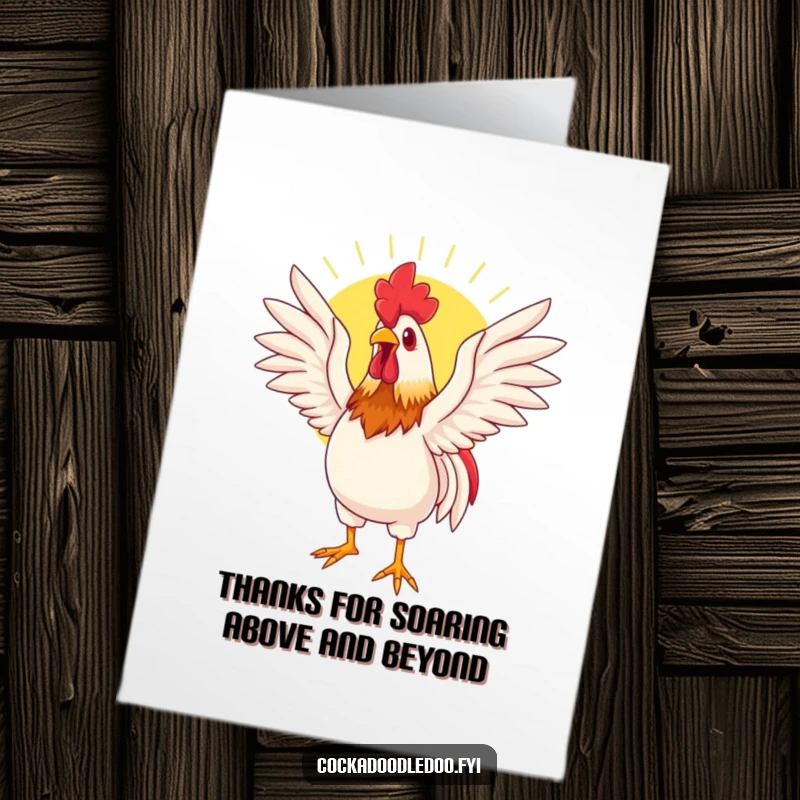 Funny Free Printable Thank You Card: Rooster character stretching wings, basking in sun, showing appreciation.