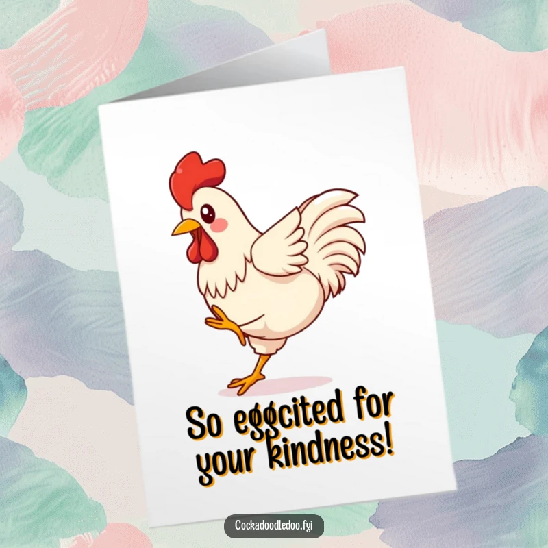 Funny Free Printable Thank You Card: Kawaii rooster kicking legs exuberantly, showing immense gratitude with a joyful leap.