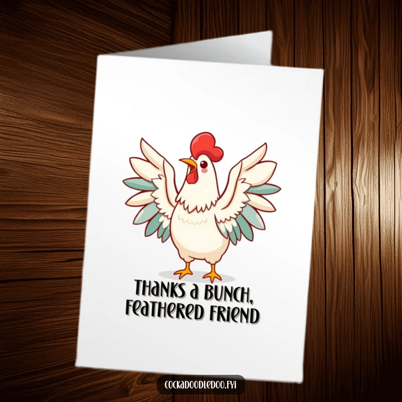 Funny Free Printable Thank You Card: Kawaii rooster with wings spread triumphantly, giving a cheerful thank you call.