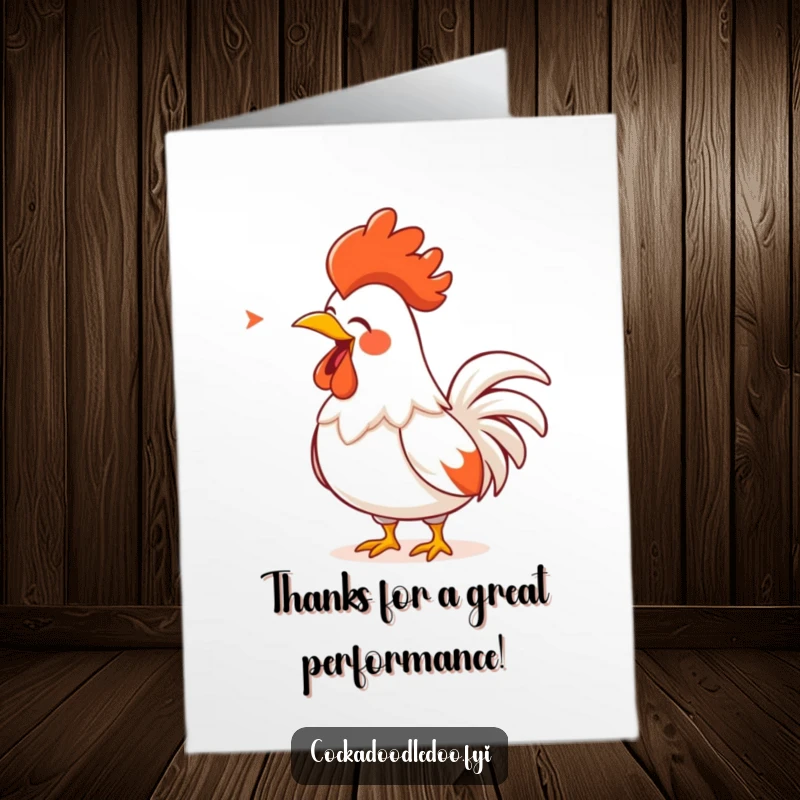 Funny Free Printable Thank You Card: A cartoon rooster with a golden comb loudly belting out a song, expressing heartfelt thanks.