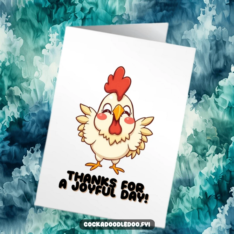 Funny Free Printable Thank You Card: A stylized rooster with an exaggeratedly joyful expression, conveying immense gratitude. Downloadable art.