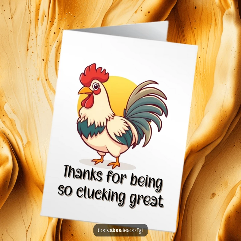 Funny Free Printable Thank You Card: Cheerful Rooster with Wide Beak Crowing Loudly at the Sunrise