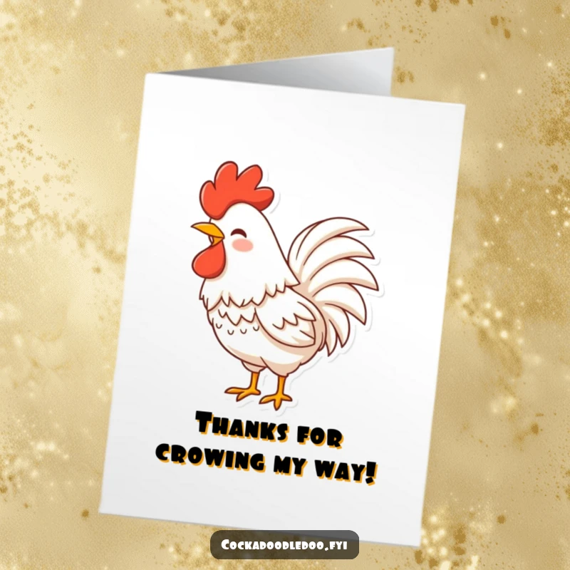 Funny free printable thank you card of a rooster character with fluffy tail feathers shaking with hearty laughter.