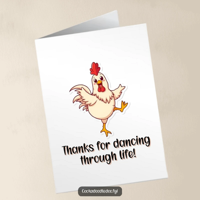 Funny Free Printable Thank You Card: A happy rooster kicking its legs joyfully, dancing to express sincere thanks!