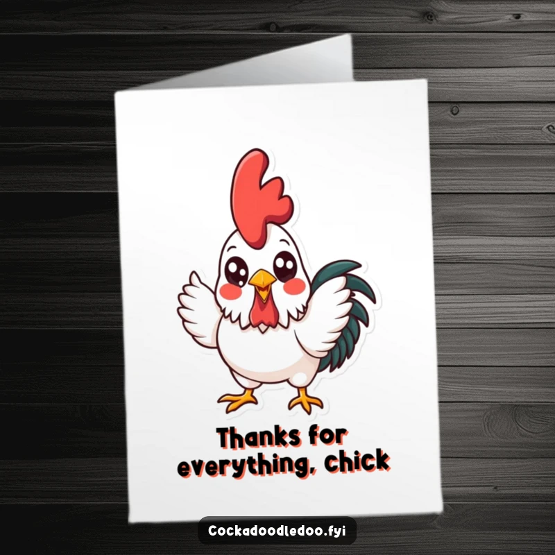 Funny Free Printable Thank You Card showcasing a kawaii rooster with a big, happy crow, expressing thanks with vibrant charm.