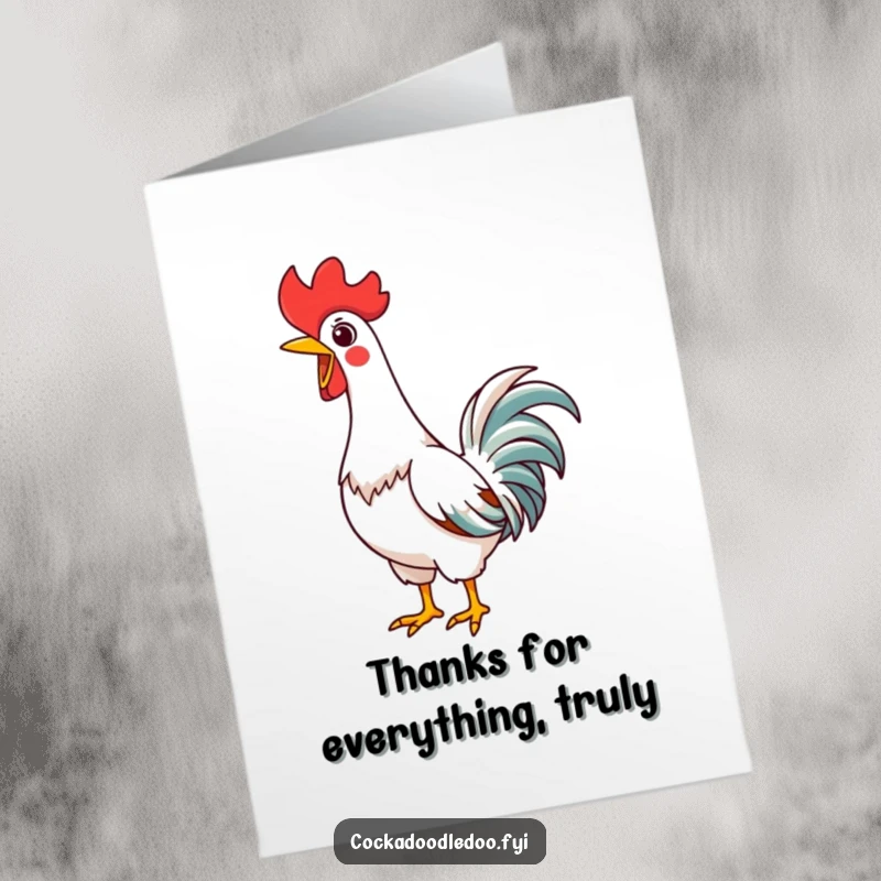 Funny Free Printable Thank You Card: Kawaii rooster stretching, neck high, joyfully crowing thanks for kindness.