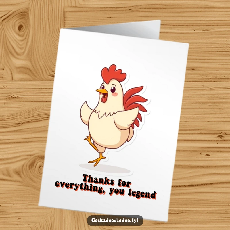 Funny Free Printable Thank You Card: Dancing rooster character showing off its moves with appreciation.