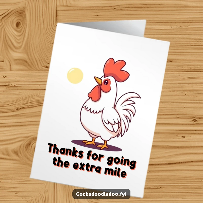 Funny Free Printable Thank You Card: A rooster determinedly crowing towards a tiny moon, embodying effort and unwavering resolve.