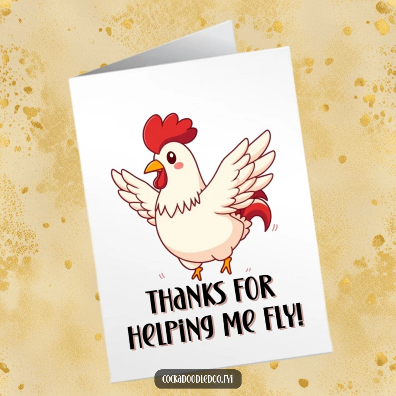 Funny Free Printable Thank You Card: A rooster with wings spread wide, comically soaring through the sky to express sincere thanks!