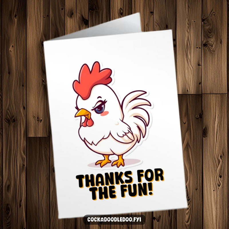 Funny Free Printable Thank You Card: A kawaii rooster with a cheeky, mischievous glint offers thanks with a playful secret. Sly gratitude.