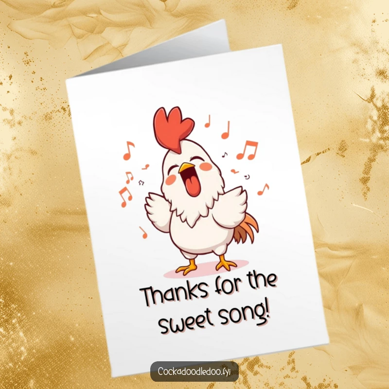 Funny Free Printable Thank You Card: A rooster sings with a beaming smile, musical notes surrounding it, offering thanks with great enthusiasm.