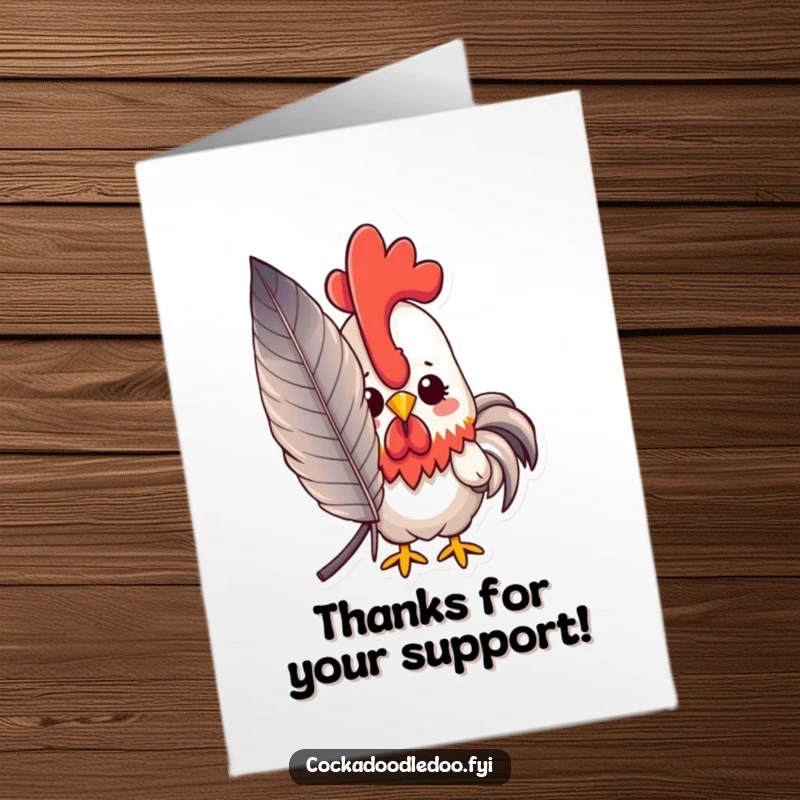 Funny Free Printable Thank You Card: A kawaii rooster peeks from behind a huge feather, offering a sweet and shy thank you.