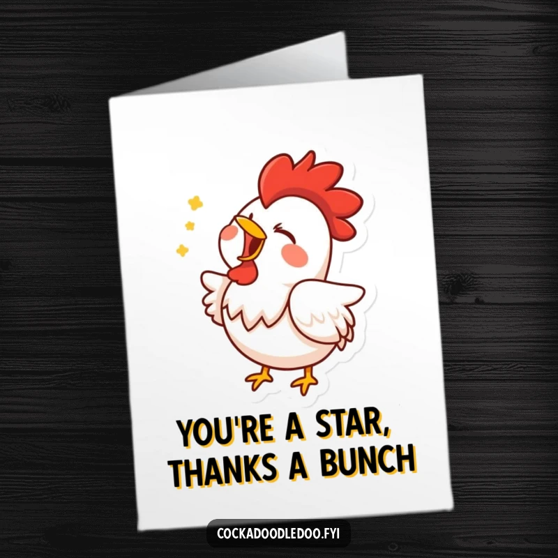 Funny Free Printable Thank You Card: Rooster character singing joyfully with beak wide, conveying thanks happily.