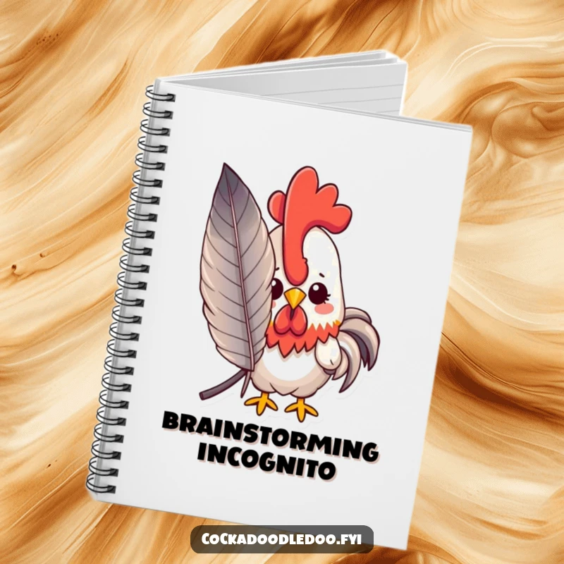 Funny peeking kawaii rooster notebook featuring a shy rooster peeking from behind a large feather, ideal for a cute funny journal.