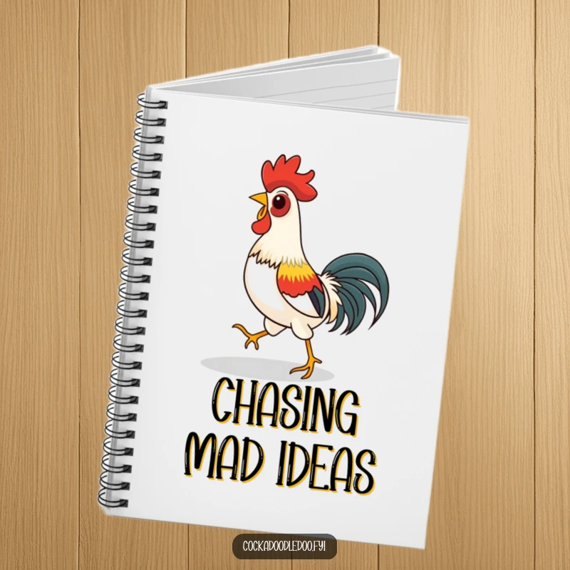Funny notebook showcasing a rooster playfully chasing its shadow, perfect for writing down ideas with a humorous touch.