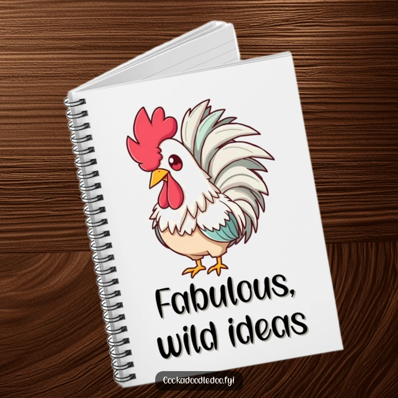 Funny notebook showcasing a glamorous rooster with a feathered boa, looking amused, ideal for jotting down stylish thoughts.