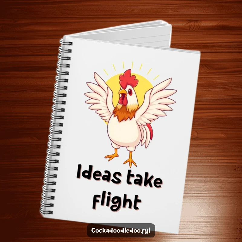 Funny notebook cover with a rooster basking in sunlight, wings spread wide, inspiring sunny thoughts and note-taking.