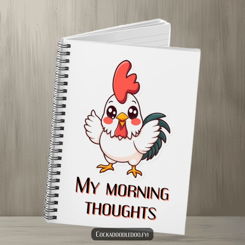 Funny kawaii rooster crowing with gusto on a notebook cover, encouraging bright ideas and cheerful note-taking.