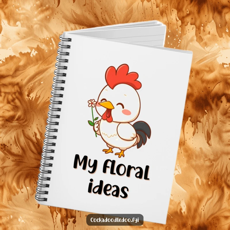 Funny Kawaii rooster notebook featuring a cheerful character holding a flower with a proud smile. Perfect for notes and doodles.