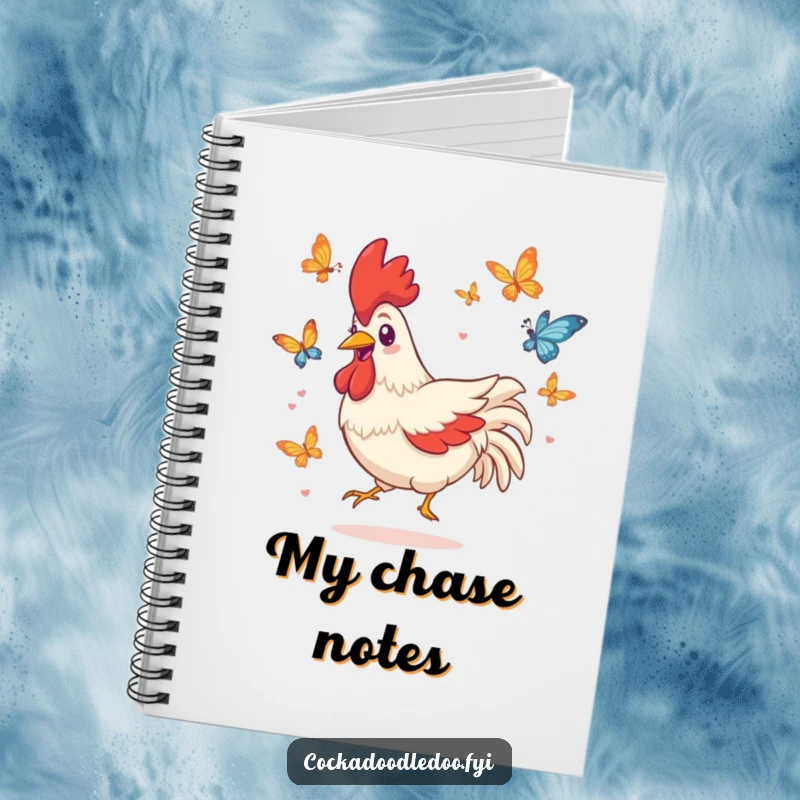 Funny notebook with a playful Kawaii rooster character grinning while chasing butterflies, perfect for jotting notes.