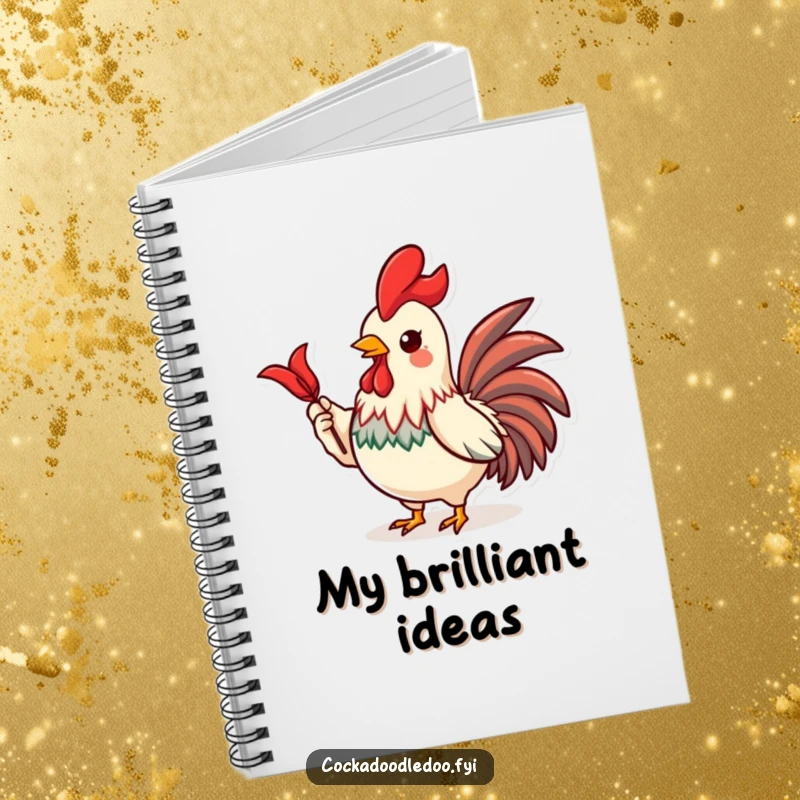 Funny notebook with a proud Kawaii rooster character showing off a shiny red feather, perfect for jotting notes.