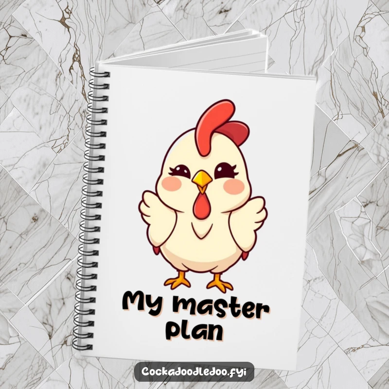 Funny Kawaii Rooster Notebook featuring a cute cartoon chicken winking with a knowing smile, perfect for journaling and note-taking.