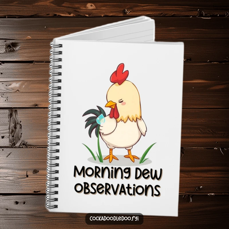 Funny playful rooster notebook, pecking a dewdrop on grass. Humorous stationery for creative minds, a great funny gift for nature lovers.