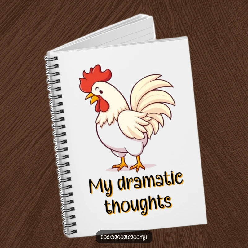 Funny notebook cover featuring a rooster doing a flamboyant bow, with tail feathers spread, ready to inspire creative writing.