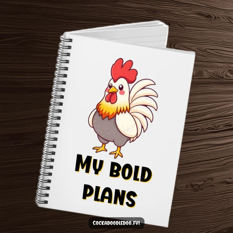 Funny Rooster Notebook: A stylized rooster with vibrant feathers proudly puffing its chest, ideal for jotting down confident notes.